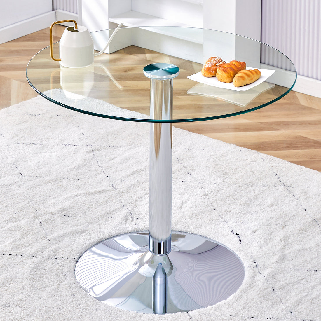 A Glass Tabletop With A Diameter Of 35 Inches And A Modern Minimalist Circular Dining Table With Electroplated Silver Metal Legs. Suitable For Restaurants, Living Rooms, And Conference Rooms.Dt 1166 Transparent Glass