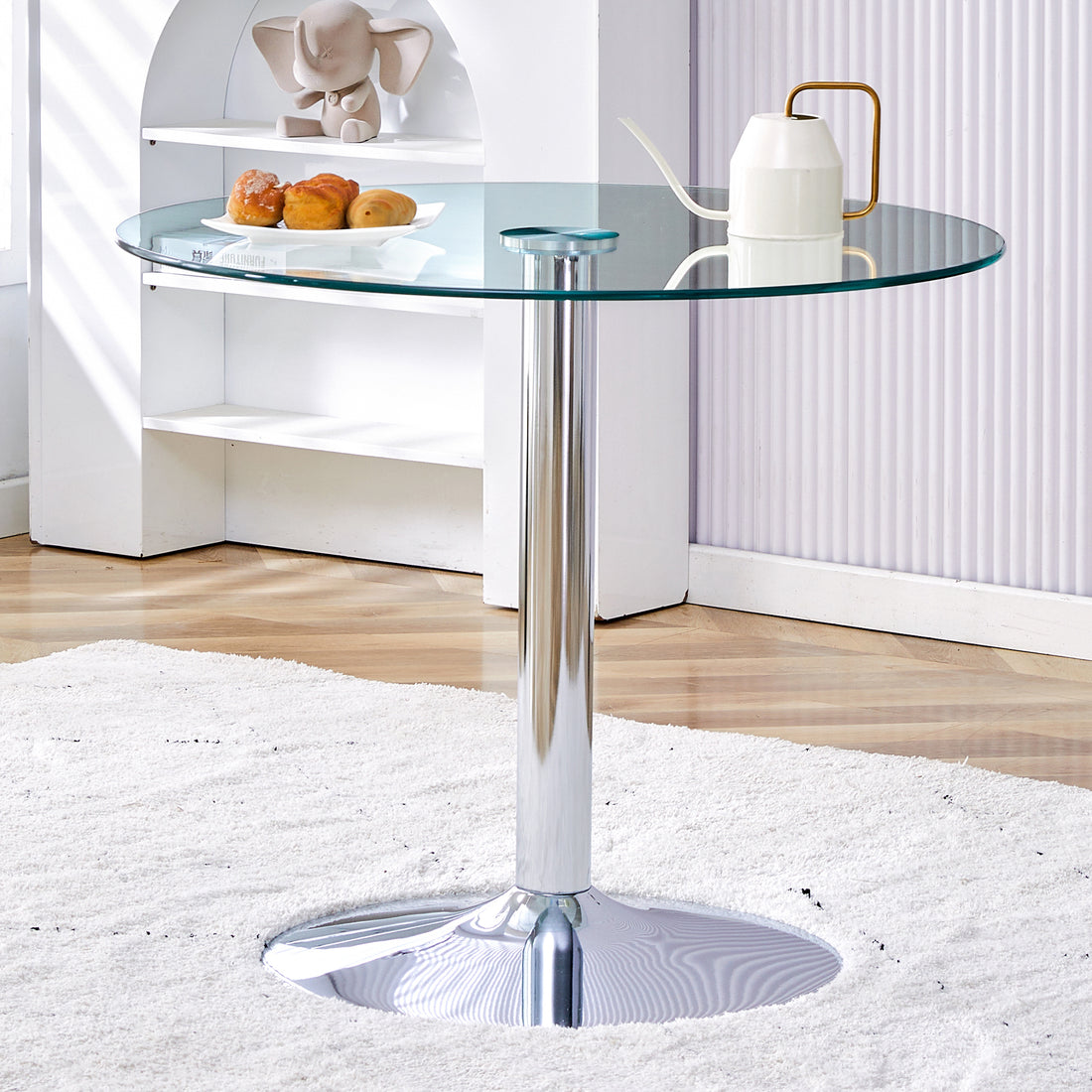 A Glass Tabletop With A Diameter Of 35 Inches And A Modern Minimalist Circular Dining Table With Electroplated Silver Metal Legs. Suitable For Restaurants, Living Rooms, And Conference Rooms.Dt 1166 Transparent Glass