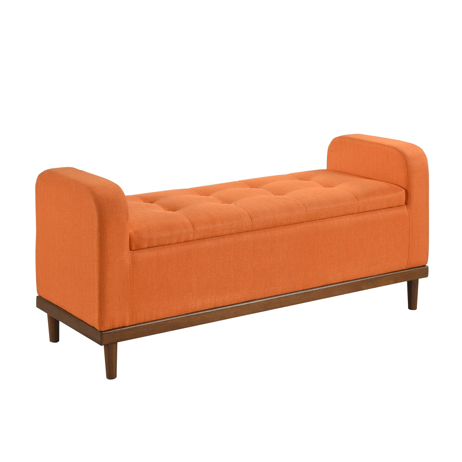 Mid Century Modern Lift Top Storage Bench 1Pc Tufted Orange Upholstered Solid Wood Walnut Finish Wooden Furniture Orange Bedroom Mid Century Modern Flip Top Wood