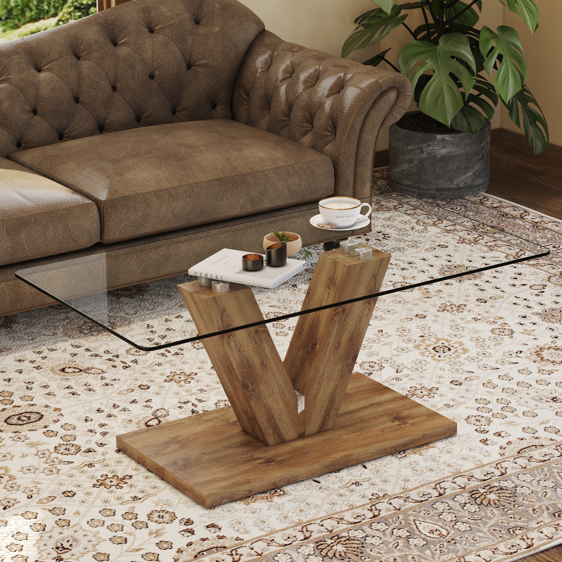 A Modern Minimalist Style Coffee Table. Transparent Tempered Glass Tabletop With Wooden Mdf Columns. Suitable For Living Room And Dining Room. Ct V Transparent Mdf Glass