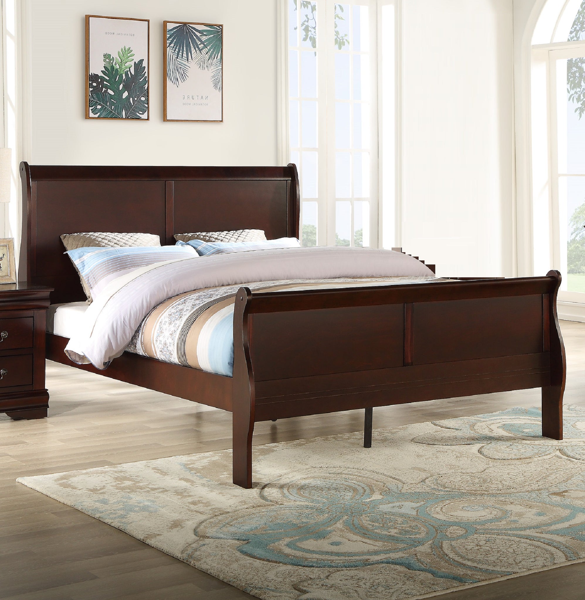 Louis Phillipe Brown Cherry Finish King Size Panel Sleigh Bed Solid Wood Wooden Bedroom Furniture King Cherry Solid Wood