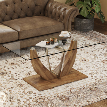 Modern Minimalist Transparent Tempered Glass Coffee Table With Wooden Mdf Legs And Stainless Steel Decorative Columns. Computer Desk. Game Table. Ct 907 Transparent Mdf Glass