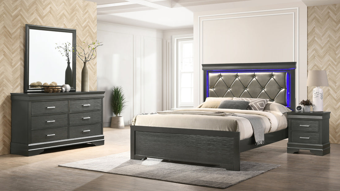 Brooklyn Full 4 Piece Led Bedroom Set Made With Wood In Gray Box Spring Required Full Gray Wood 4 Piece Set Bedroom Bed Included,Dresser Included,Mirror Included,Nightstand Included Modern Acacia Upholstered Polyester Tufted Wood