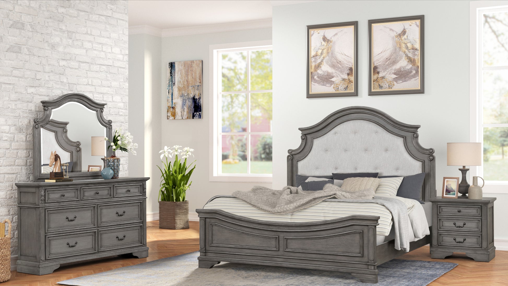 Grace Traditional Style King 4 Pc Bedroom Set Made With Wood In Rustic Gray Box Spring Required King Gray Wood 4 Piece Set Bedroom Bed Included,Dresser Included,Mirror Included,Nightstand Included Traditional Solid Wood Mdf Cotton Tufted Wood