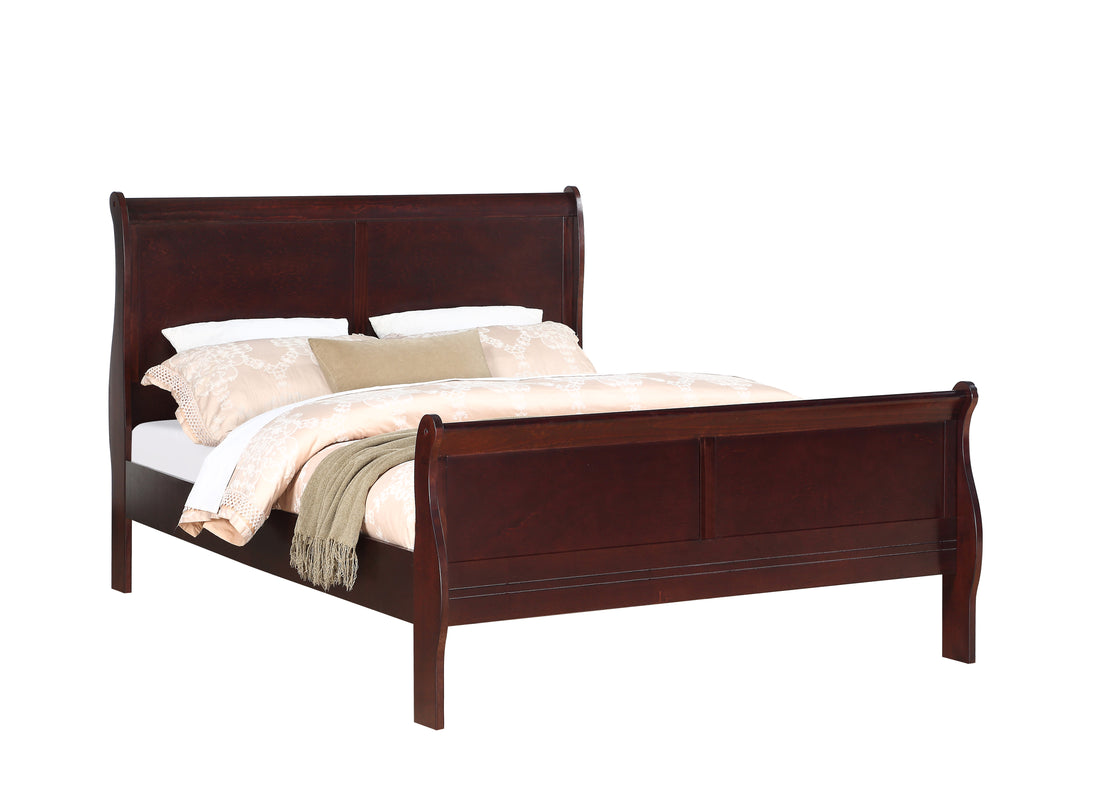 Louis Phillipe Brown Cherry Finish King Size Panel Sleigh Bed Solid Wood Wooden Bedroom Furniture King Cherry Solid Wood