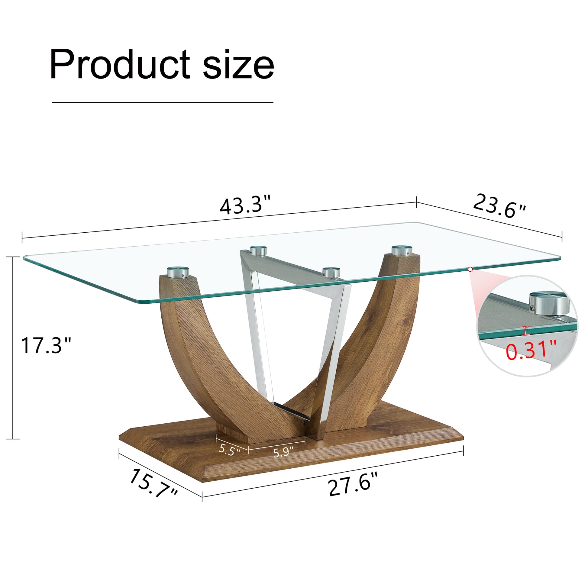 Modern Minimalist Transparent Tempered Glass Coffee Table With Wooden Mdf Legs And Stainless Steel Decorative Columns. Computer Desk. Game Table. Ct 907 Transparent Mdf Glass