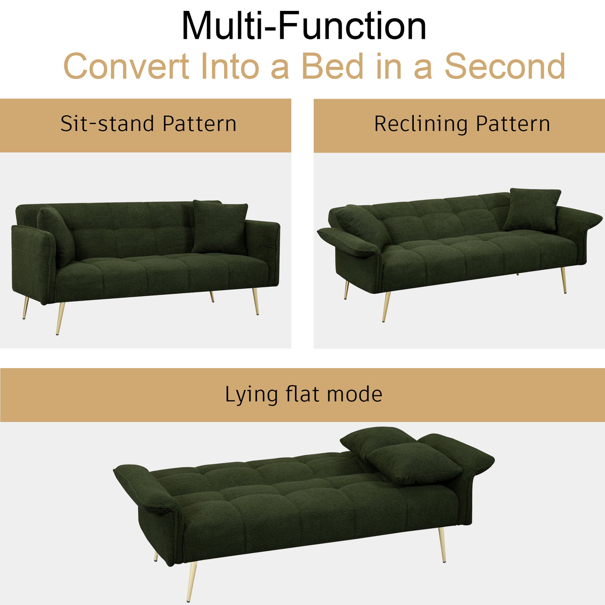 70.1 "Futon Sofa Bed, Convertible Double Sofa Bed With Folding Armrests For Living Rooms And Small Spaces Green Light Brown Velvet Wood Primary Living Space Medium Soft Loose Back Contemporary Eucalyptus Foam Foam 2 Seat