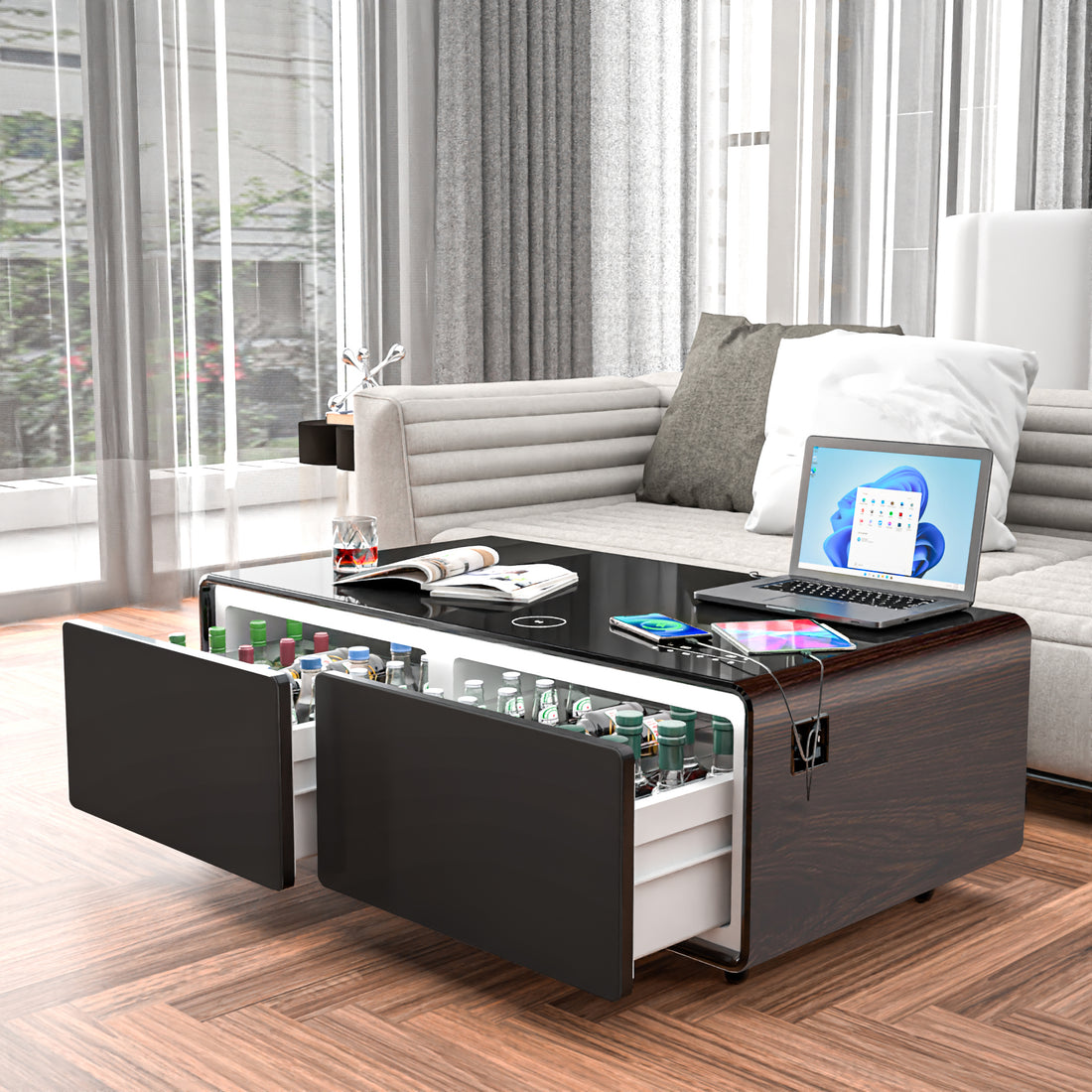 Modern Smart Coffee Table With Built In Fridge, Bluetooth Speaker, Wireless Charging Module, Touch Control Panel, Power Socket, Usb Interface, Outlet Protection, Atmosphere Light, And More, Brown Black Brown Built In Outlets Or Usb Primary Living Space