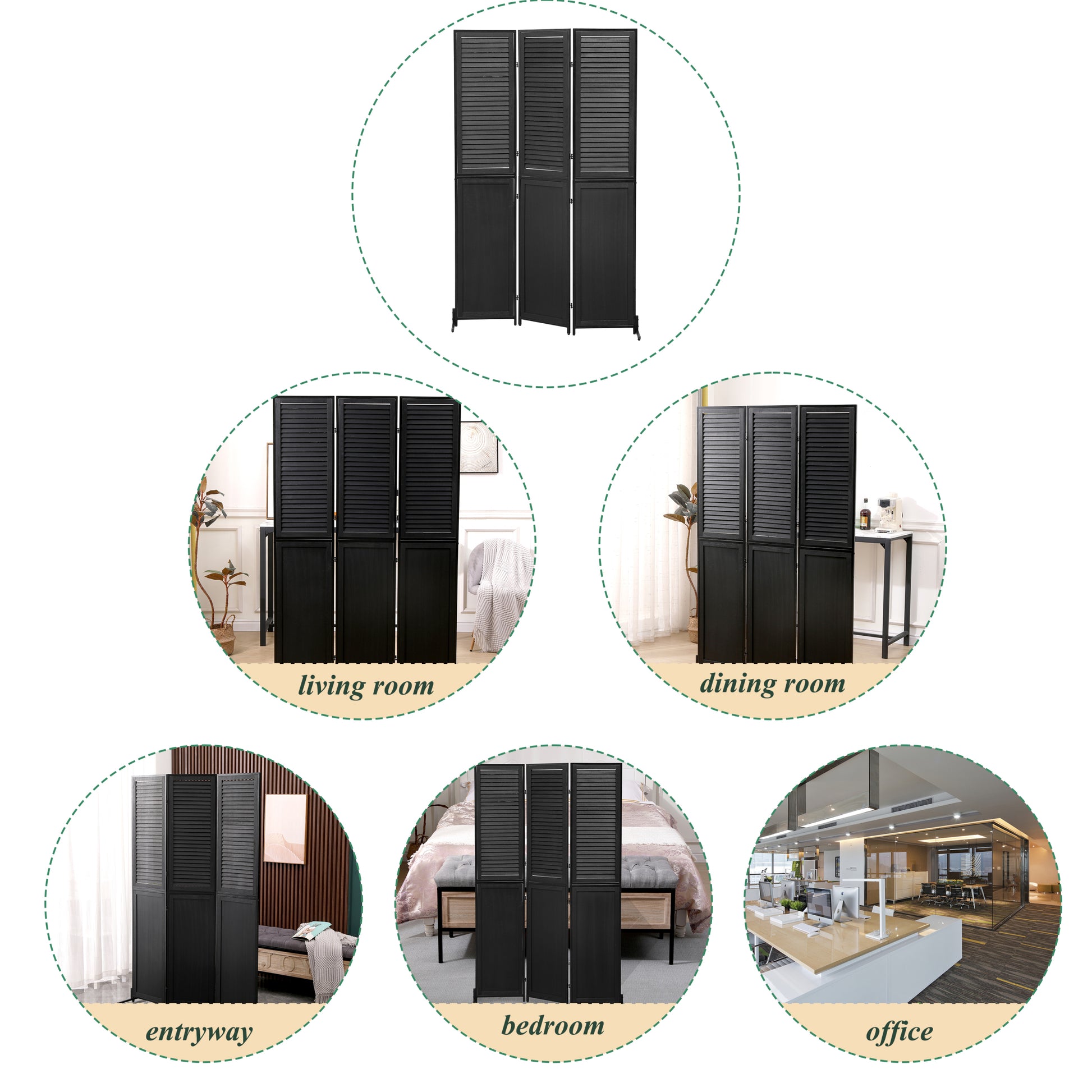 3 Panel Room Divider 6Ft Wood Folding Privacy Screen Black Room Separator Free Standing Wall Dividers Black Black Modern Metal & Wood