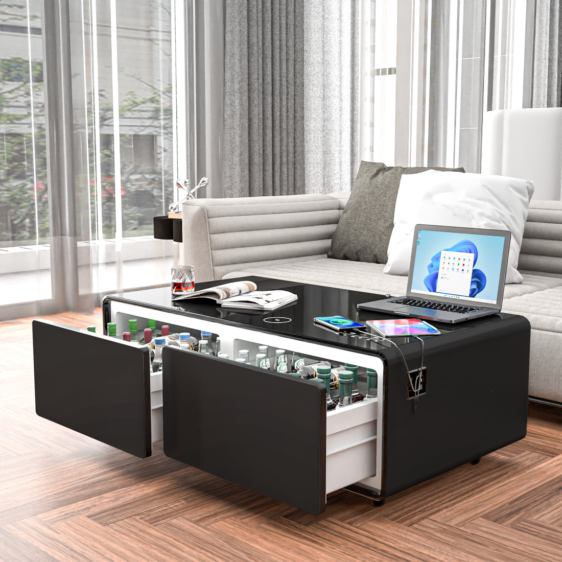 Modern Smart Coffee Table With Built In Fridge, Bluetooth Speaker, Wireless Charging Module, Touch Control Panel, Power Socket, Usb Interface, Outlet Protection, Atmosphere Light, Black Black