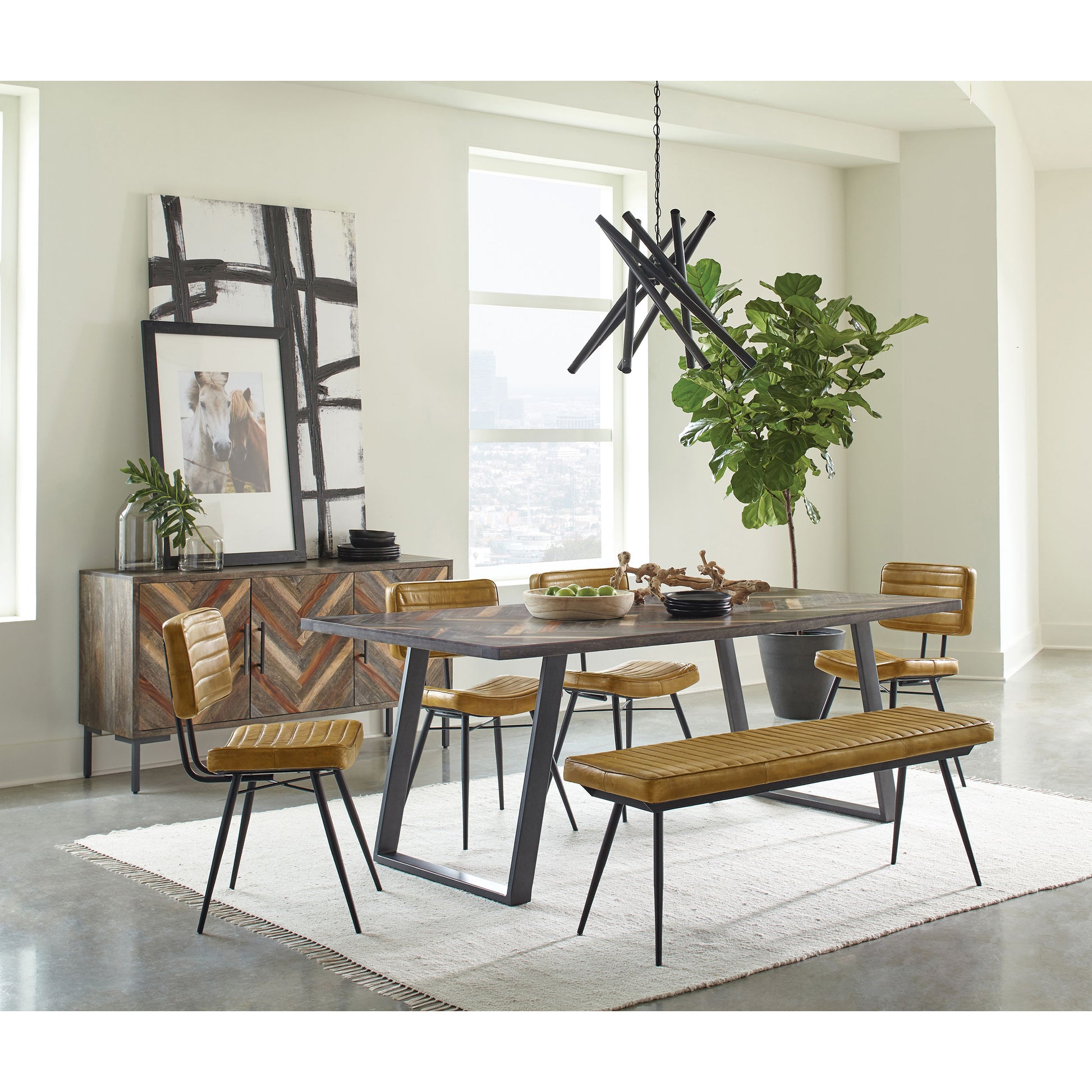 Camel And Black Tufted Cushion Side Bench Brown Dining Room Industrial Dining Chairs Foam Upholstered