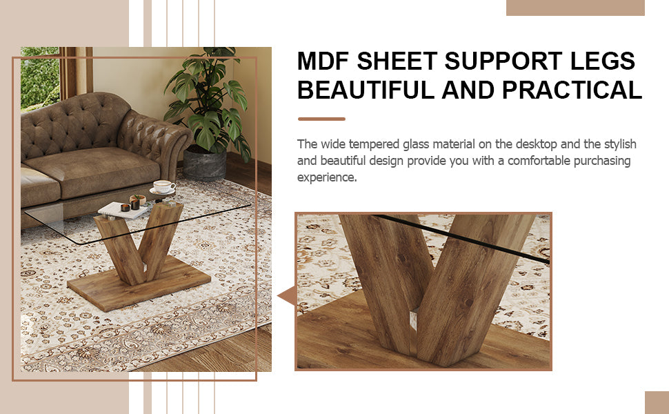 A Modern Minimalist Style Coffee Table. Transparent Tempered Glass Tabletop With Wooden Mdf Columns. Suitable For Living Room And Dining Room. Ct V Transparent Mdf Glass