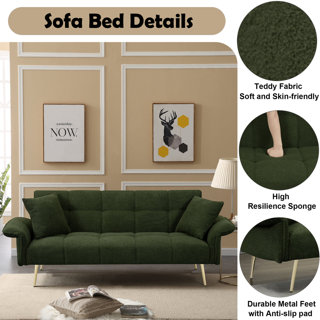 70.1 "Futon Sofa Bed, Convertible Double Sofa Bed With Folding Armrests For Living Rooms And Small Spaces Green Light Brown Velvet Wood Primary Living Space Medium Soft Loose Back Contemporary Eucalyptus Foam Foam 2 Seat