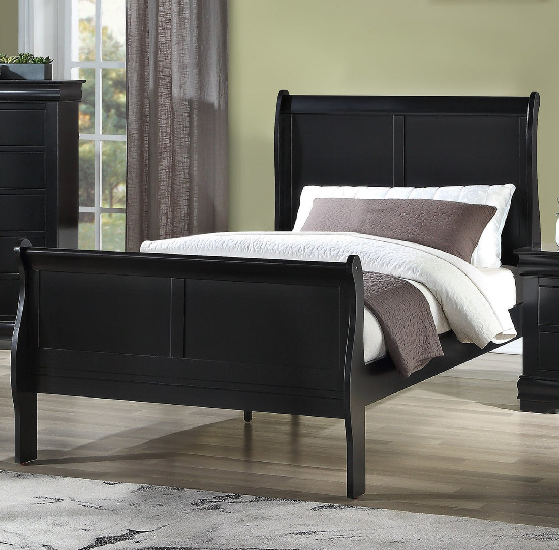 Louis Phillipe Brown Cherry Finish Twin Size Youth Panel Sleigh Bed Solid Wood Wooden Bedroom Furniture Twin Black Solid Wood