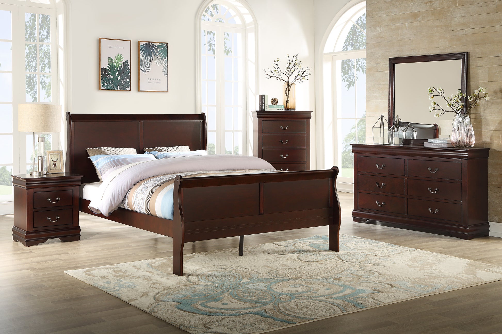 Louis Phillipe Brown Cherry Finish King Size Panel Sleigh Bed Solid Wood Wooden Bedroom Furniture King Cherry Solid Wood