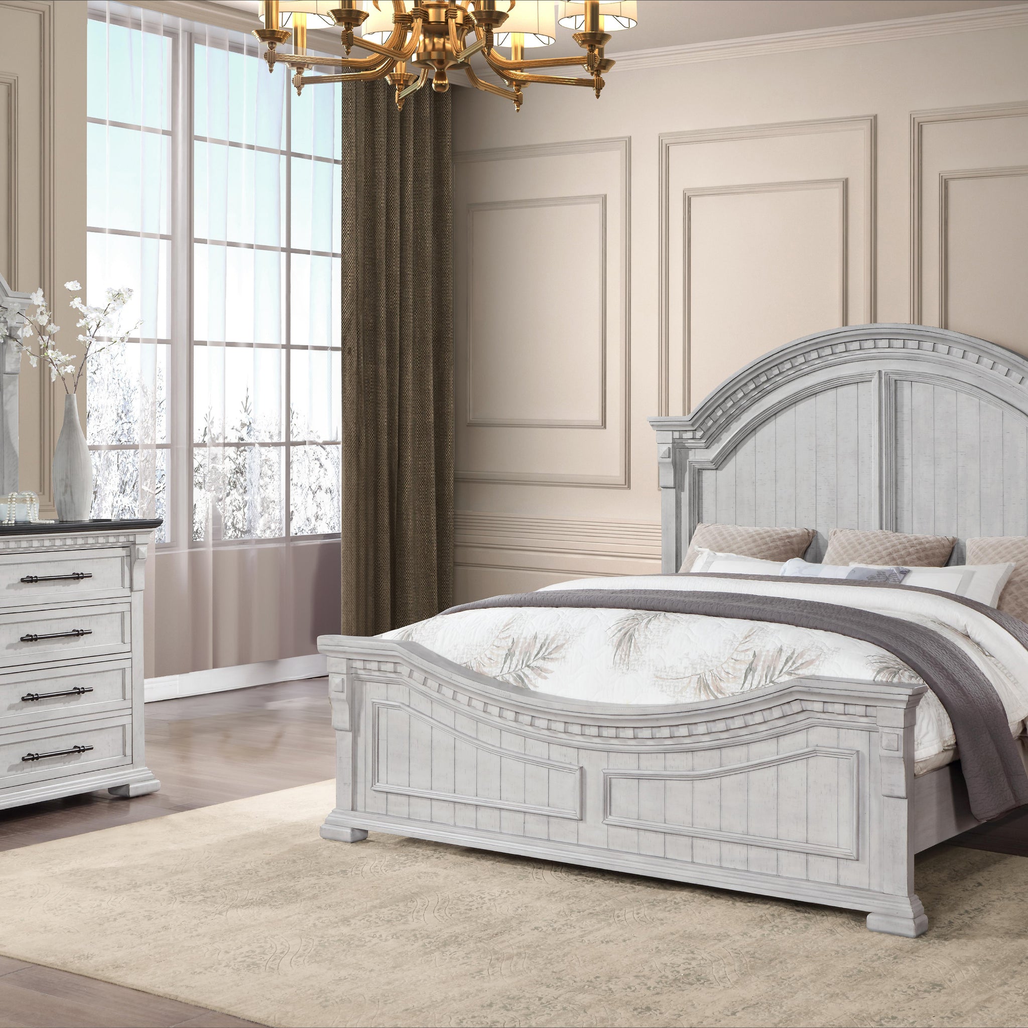 Transitional Style 4 Pc King Bedroom Set Made With Wood In Antique White Box Spring Required King Antique White Wood White 4 Piece Set Bedroom Bed Included,Dresser Included,Mirror