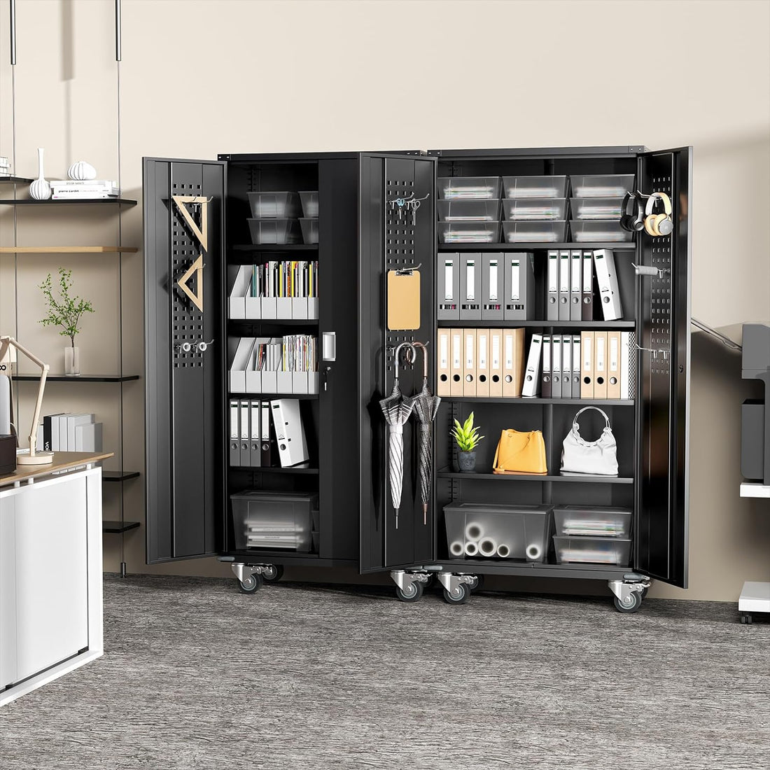 Veripco Garage Storage Cabinets With Locking Doors And 4 Adjustable Shelves, Metal Storage Cabinets With Wheels For Garage, Office, Kitchen, Laundry&Utility Room Filing Cabinets 3 4 Shelves Powder Coated Black Office Adjustable Shelves Metal