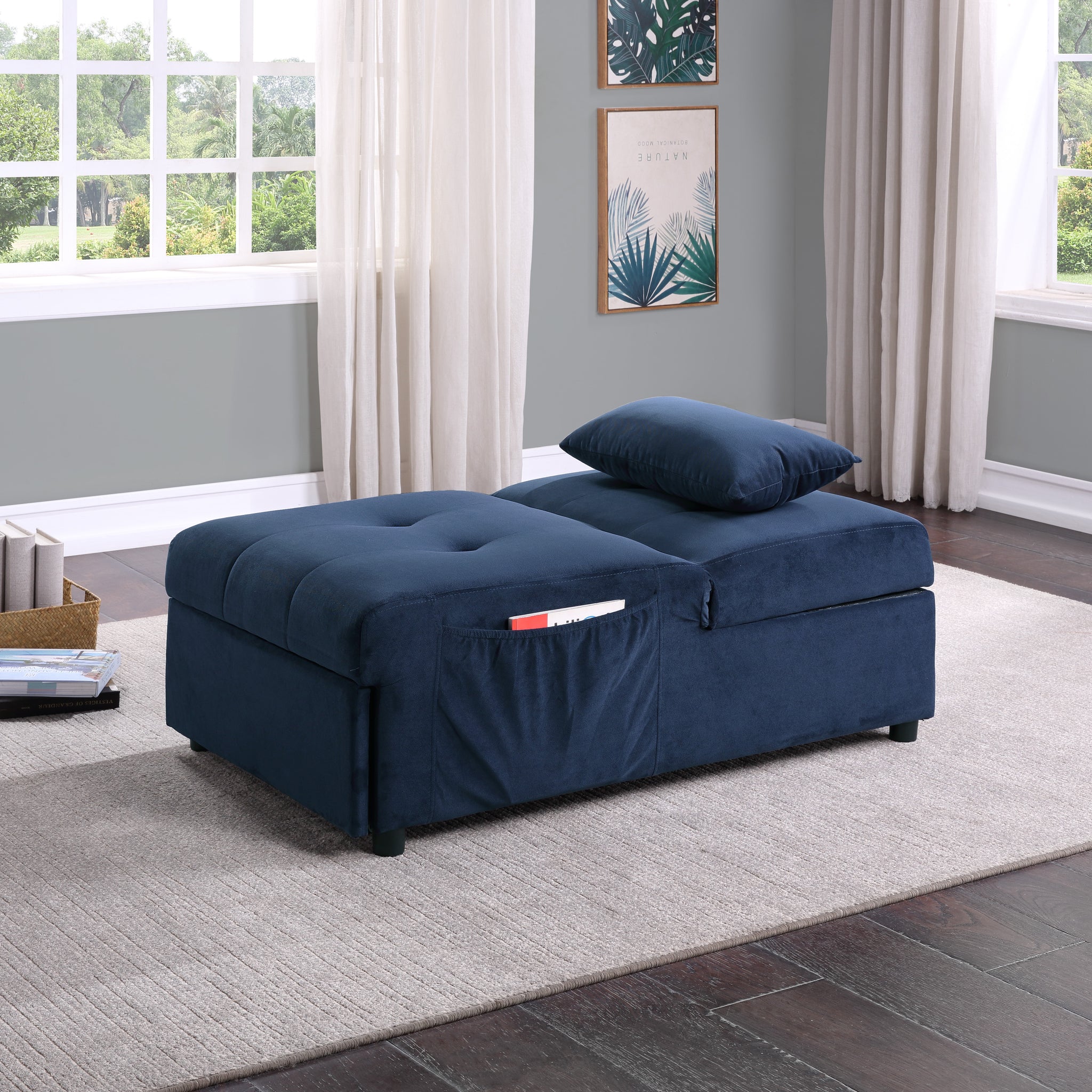 Modern Lift Top Storage Bench With Pull Out Bed 1Pc Dark Blue Velvet Tufted Solid Wood Furniture Dark Blue Velvet Blue Contemporary,Modern Flip Top Solid Wood