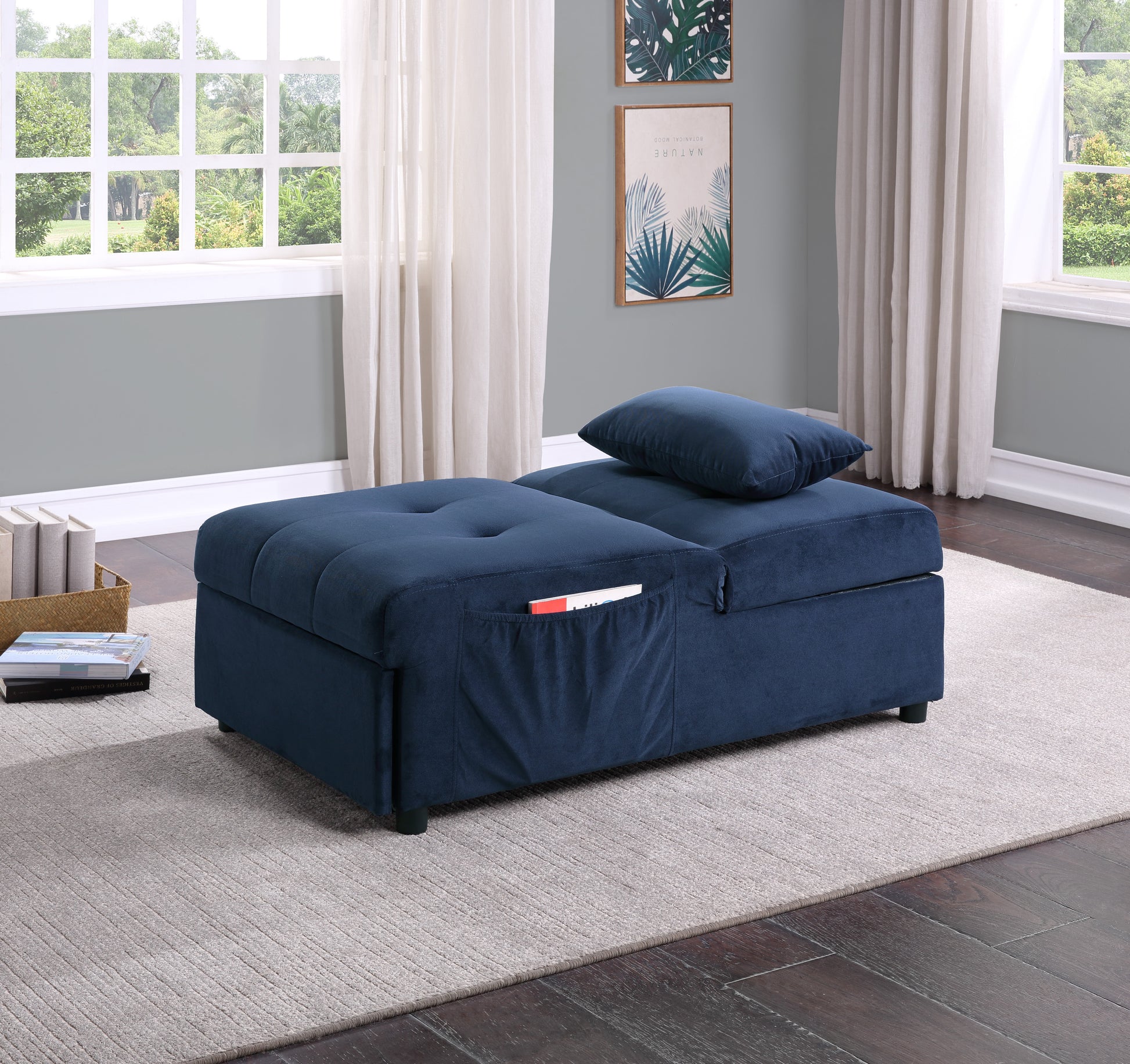 Modern Lift Top Storage Bench With Pull Out Bed 1Pc Dark Blue Velvet Tufted Solid Wood Furniture Dark Blue Velvet Blue Contemporary,Modern Flip Top Solid Wood