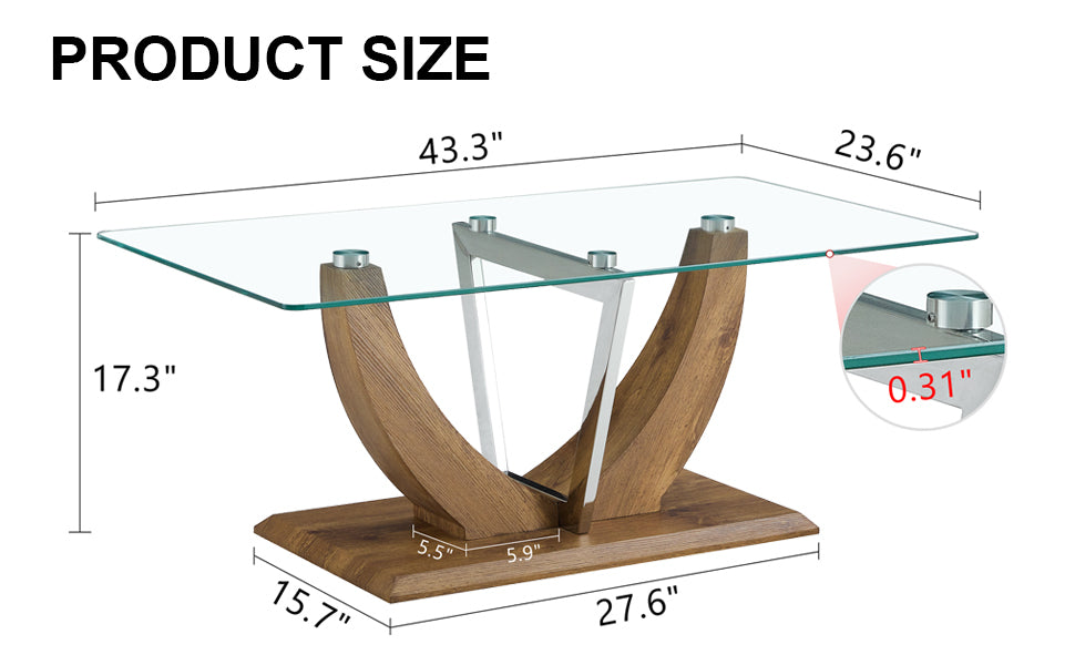 Modern Minimalist Transparent Tempered Glass Coffee Table With Wooden Mdf Legs And Stainless Steel Decorative Columns. Computer Desk. Game Table. Ct 907 Transparent Mdf Glass