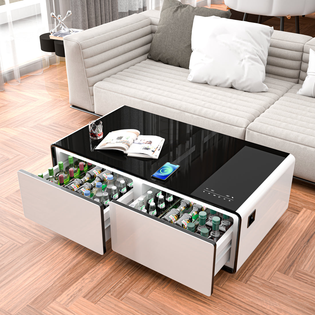 Modern Smart Coffee Table With Built In Fridge, Bluetooth Speaker, Wireless Charging Module, Touch Control Panel, Power Socket, Usb Interface, Outlet Protection, Atmosphere Light, White White Black Built In Outlets Or Usb Primary Living Space