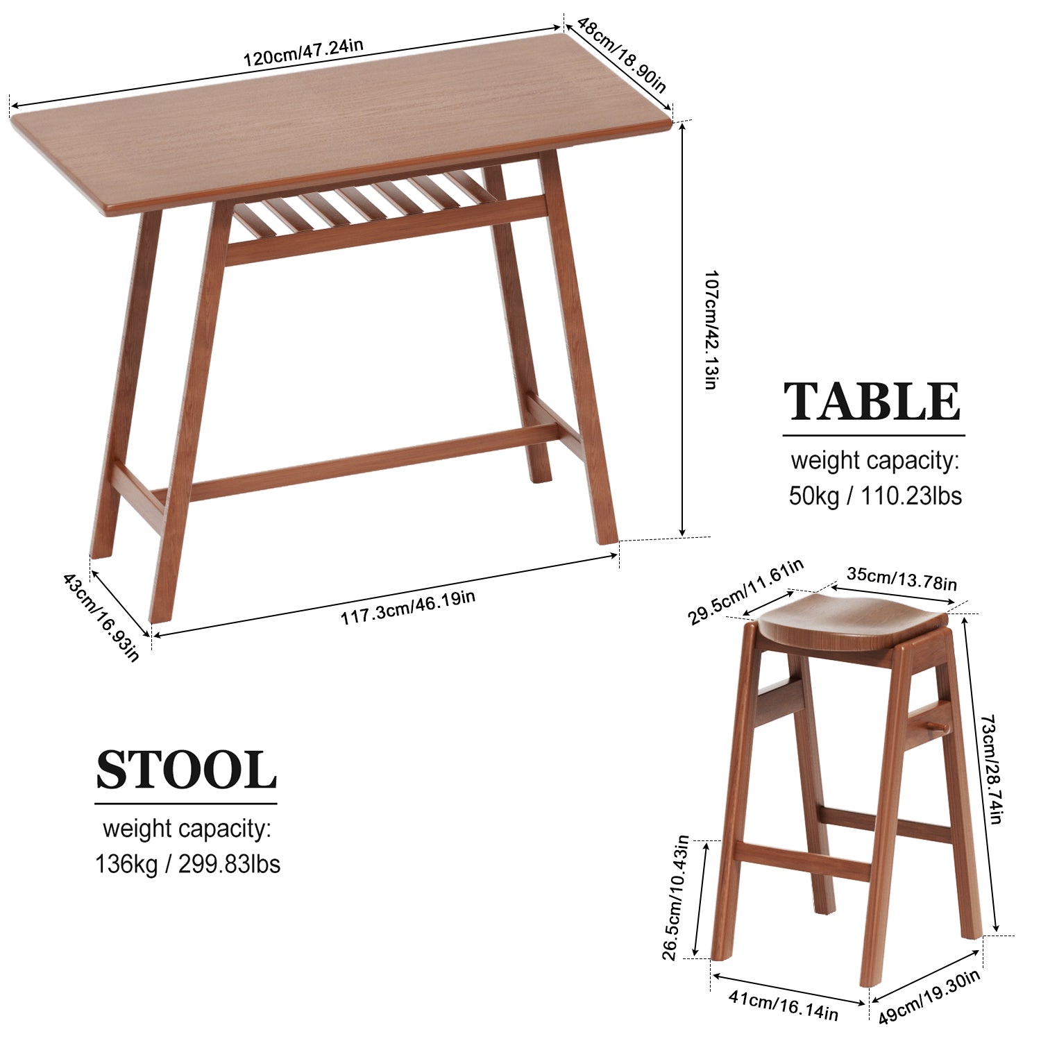 3 Pcs Pub Dining Set Retro Bar Table Rubber Wood Stackable Backless High Stool For 2 With Shelf And Hooks For Home Bar Small Space Antique Brown Rubber Wood