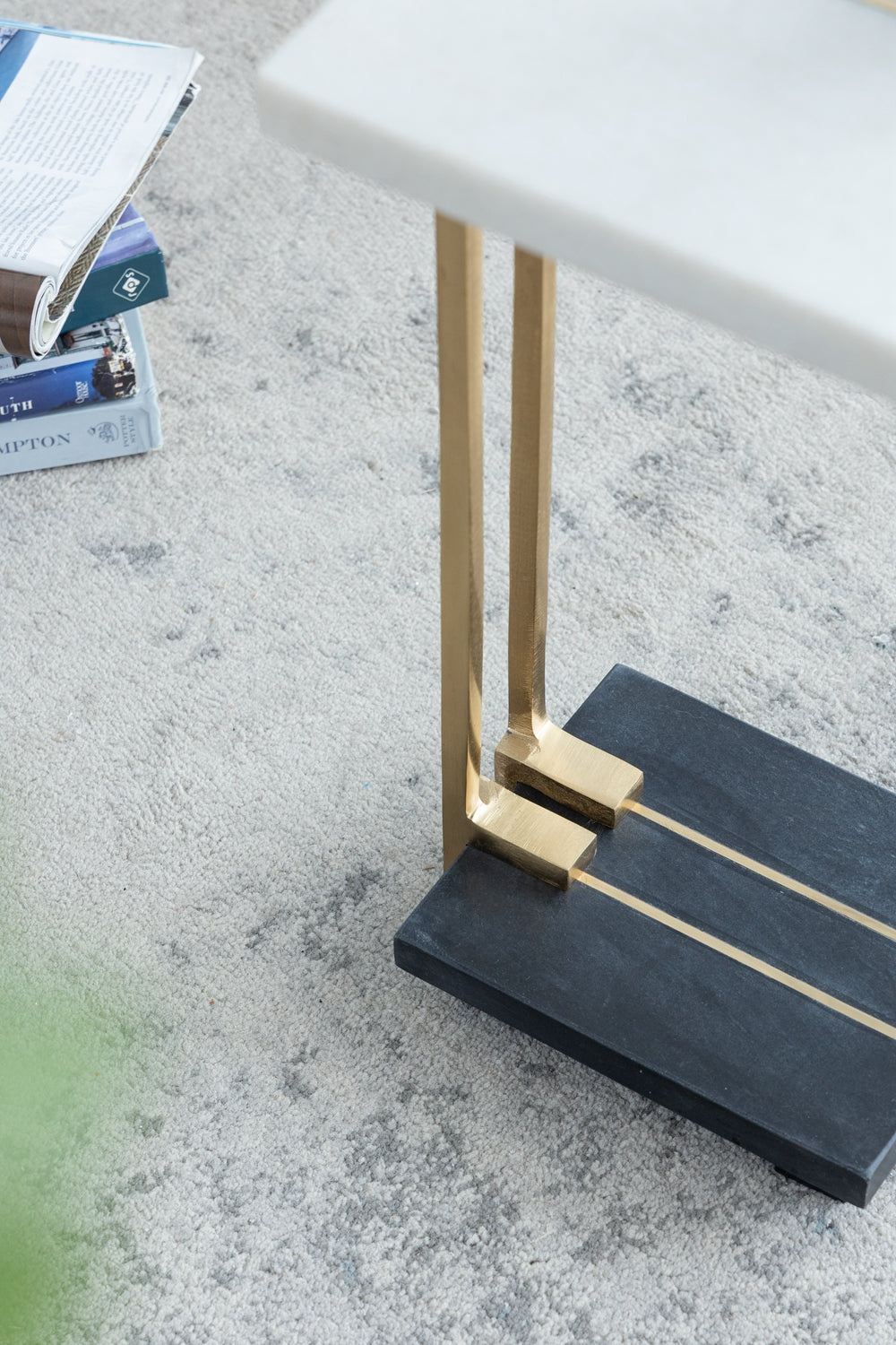 12.5X12X22" Aluminum And Marble C Shaped Side Table, White Gold Black, Artistic Accent Table For Living Room Entryway Bedroom Gold Primary Living Space Art Deco,Luxury,Modern Marble Metal