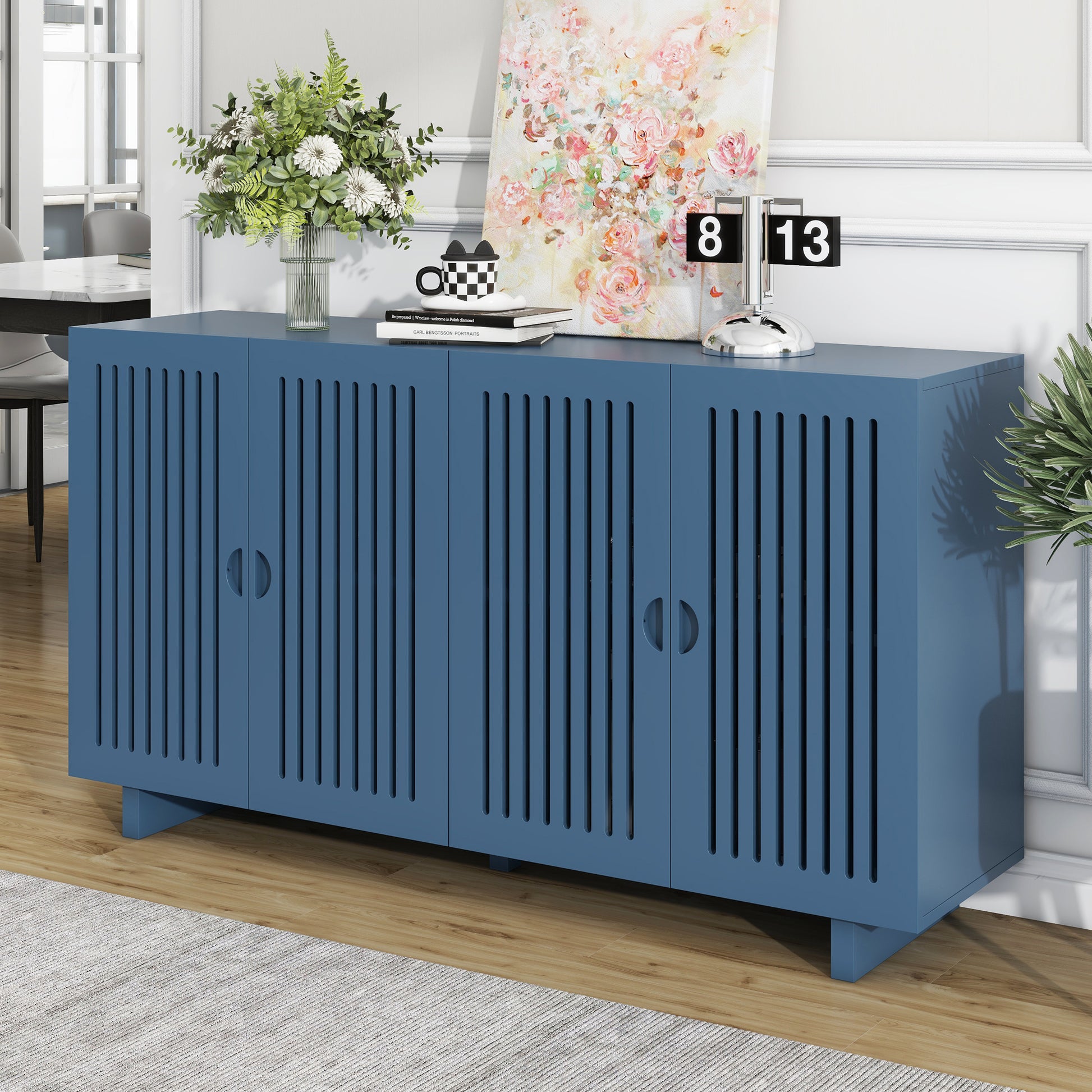 Modern Style Sideboard With Superior Storage Space, Hollow Door Design And 2 Adjustable Shelves For Living Room And Dining Room Navy Blue Navy Blue Dining Room Adjustabel Shelves Mdf