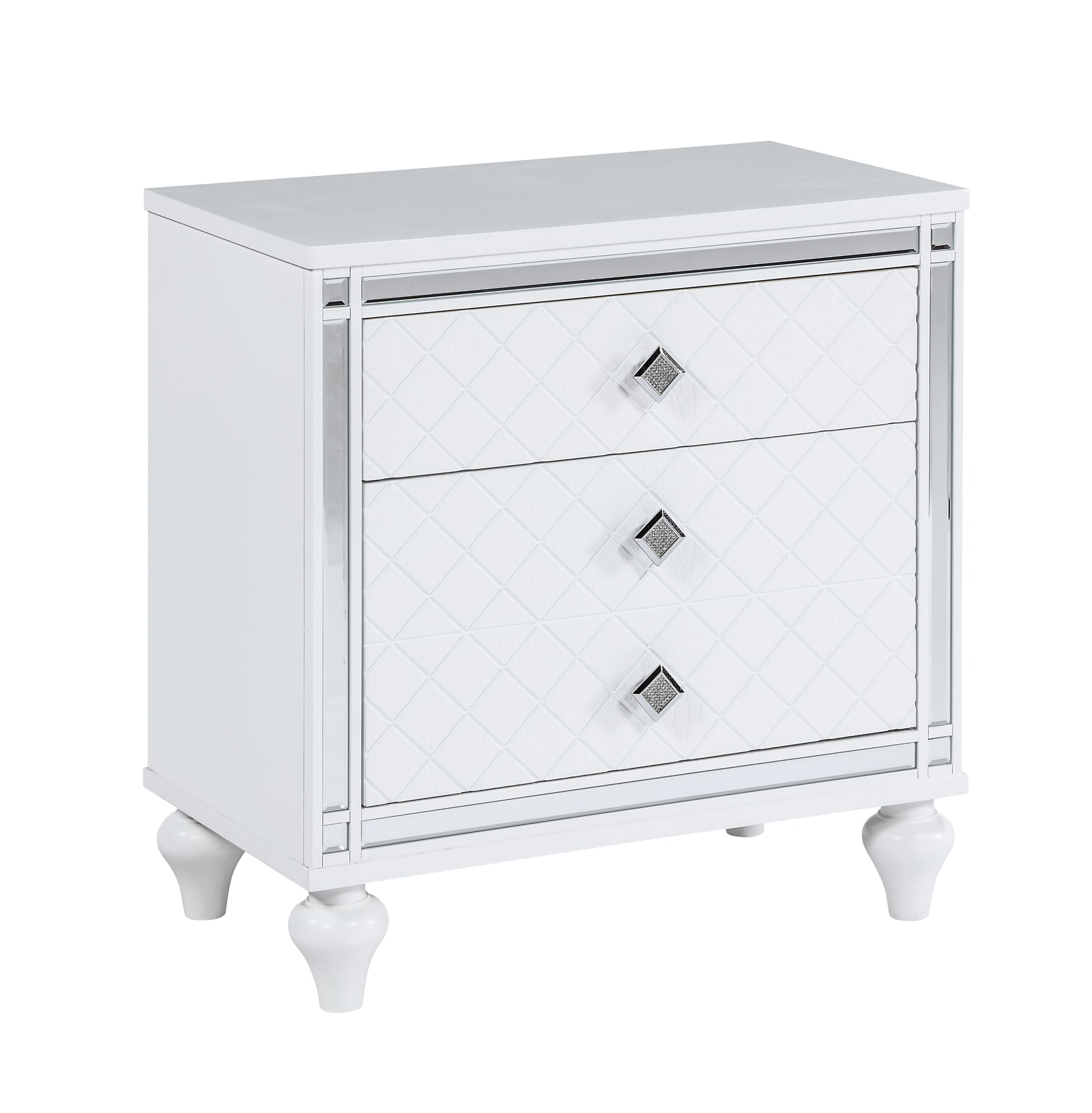 Contemporary Nightstands With Mirror Frame Accents, Bedside Table With Two Drawers And One Hidden Drawer, End Table With Crystal Pull For Living Room,Bedroom, White White 3 Drawers Solid Wood Mdf