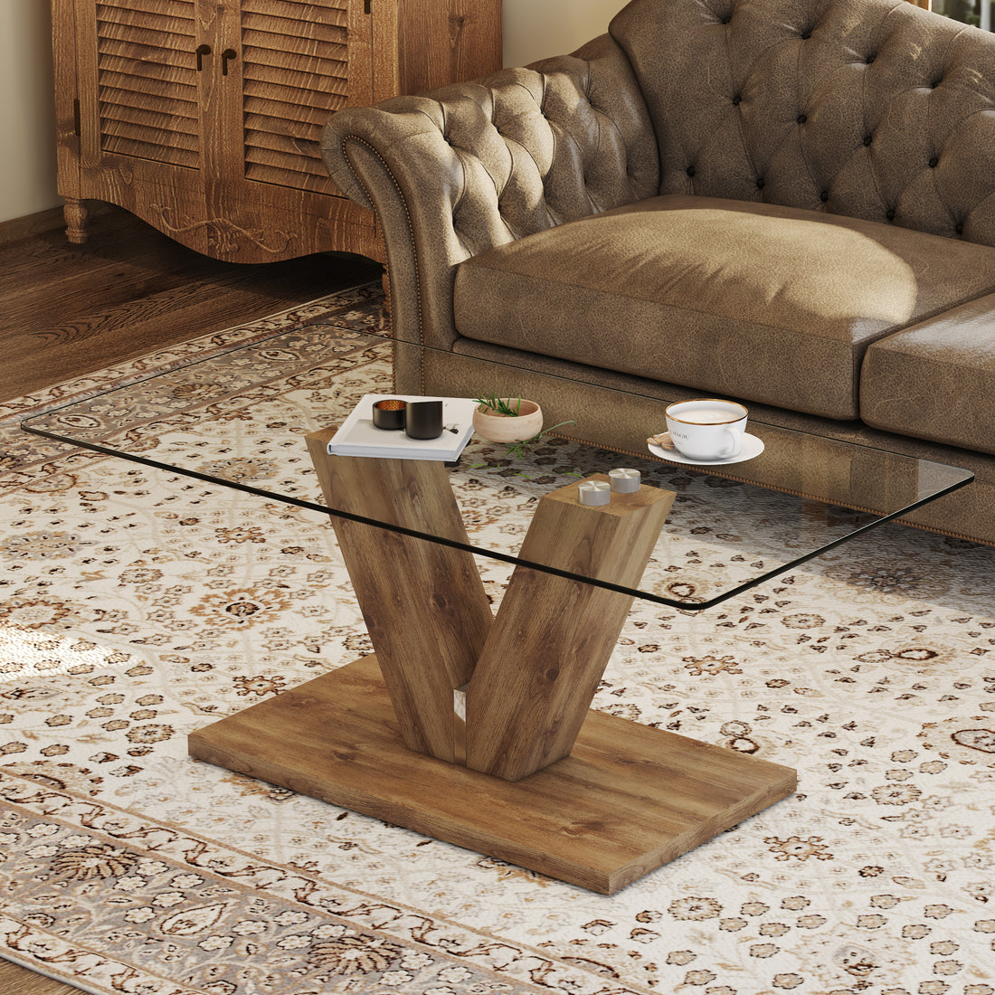 A Modern Minimalist Style Coffee Table. Transparent Tempered Glass Tabletop With Wooden Mdf Columns. Suitable For Living Room And Dining Room. Ct V Transparent Mdf Glass