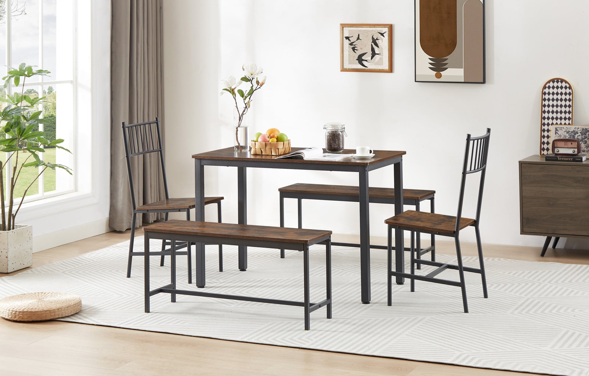 Dining Table Set, Barstool Dining Table With 2 Benches 2 Back Chairs, Industrial Dining Table For Kitchen Breakfast Table, Living Room, Party Room, Rustic Brown And Black,43.3 L X 23.6 W X 29.9 H Rustic Brown Seats 6 Particle Board