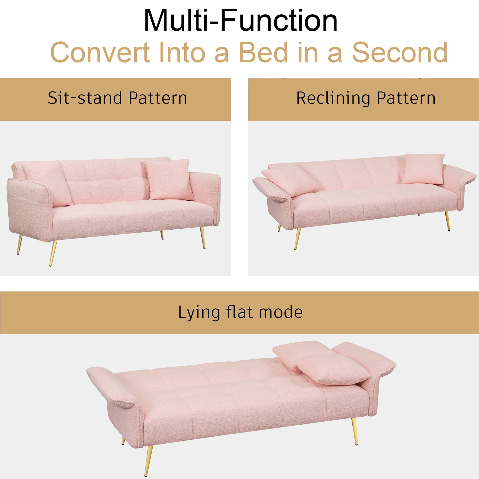 70 Inch Teddy Fleece Sofabed, Convertible Futon Sofabed With Adjustable Arms And Backrest, Modernsofa For Living Room And Bedroom. Pink Light Brown Velvet Wood Primary Living Space Medium Soft Loose Back Contemporary Eucalyptus Foam Foam 2 Seat