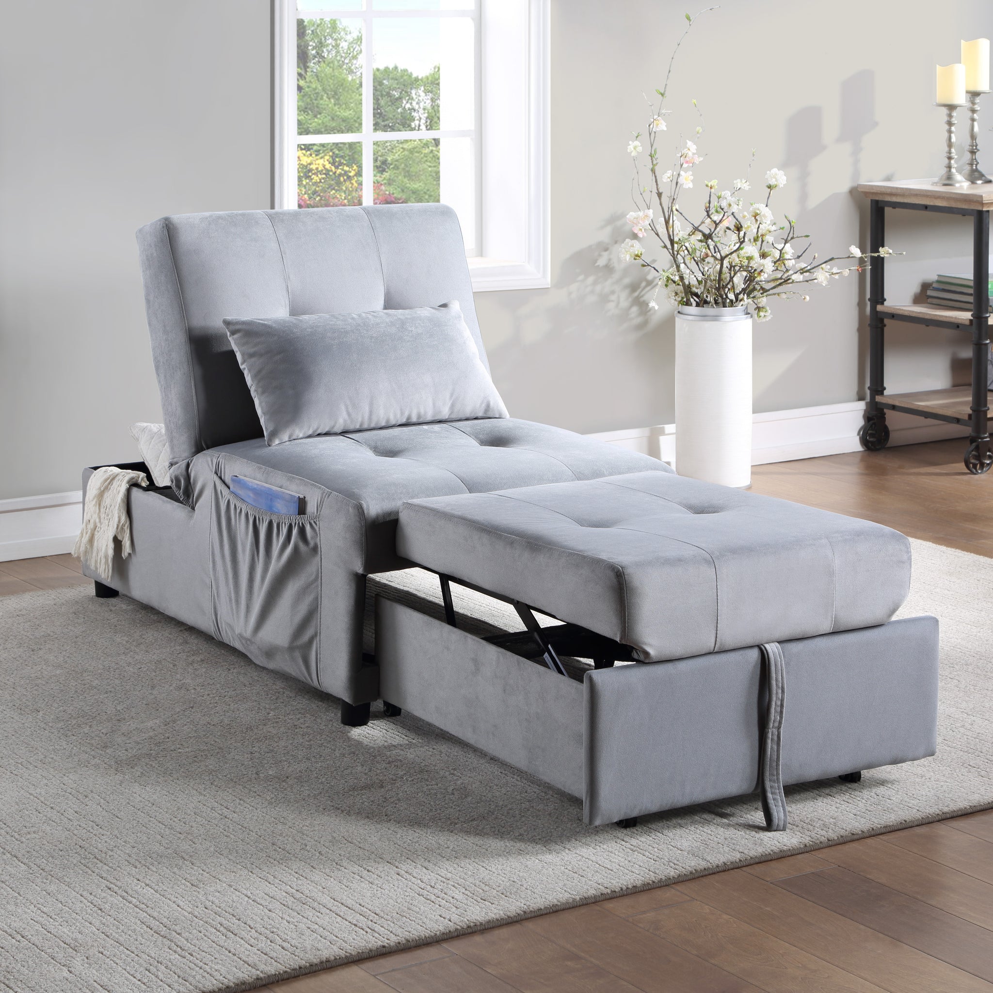 Modern Lift Top Storage Bench With Pull Out Bed 1Pc Gray Velvet Tufted Solid Wood Furniture Convertible Chair Gray Velvet Grey Contemporary,Modern Flip Top Solid Wood