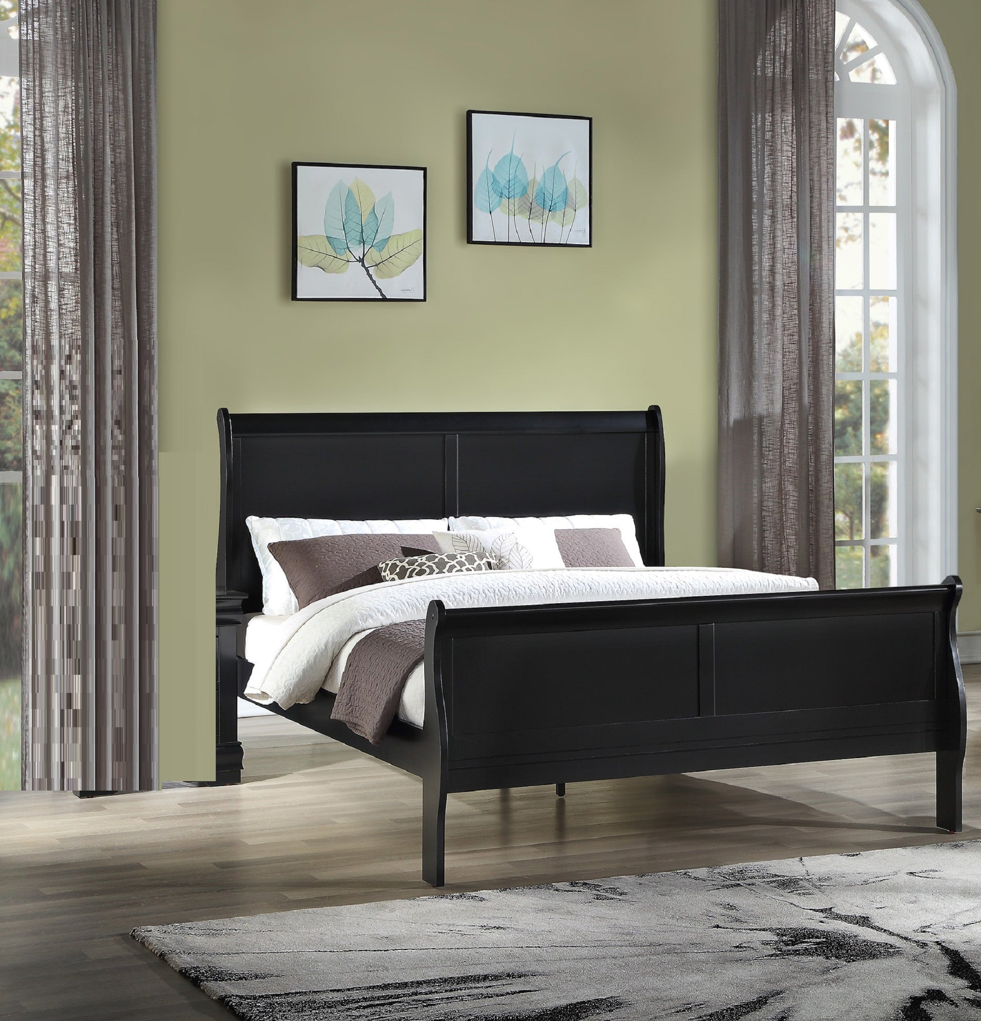 Louis Phillipe Brown Black Finish Full Size Panel Sleigh Bed Solid Wood Wooden Bedroom Furniture Full Black Solid Wood