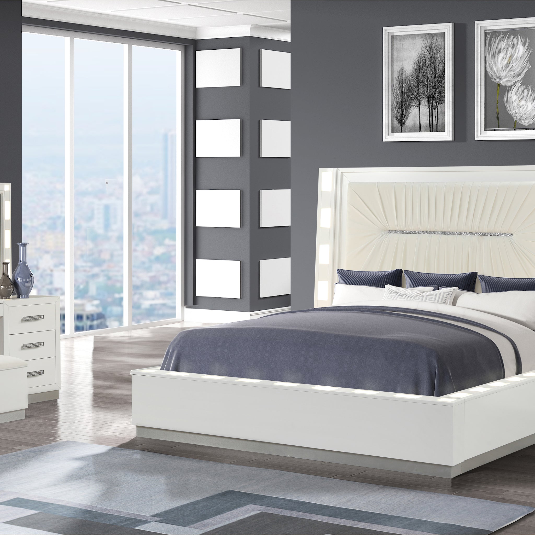 Coco Queen 4 Pc Vanity Led Bedroom Set Made With Wood In Milky White Box Spring Not Required Queen White Wood 4 Piece Set Bedroom Bed Included,Dresser Included,Mirror Included,Nightstand Included Contemporary,Modern Solid Wood Mdf Polyester Built In