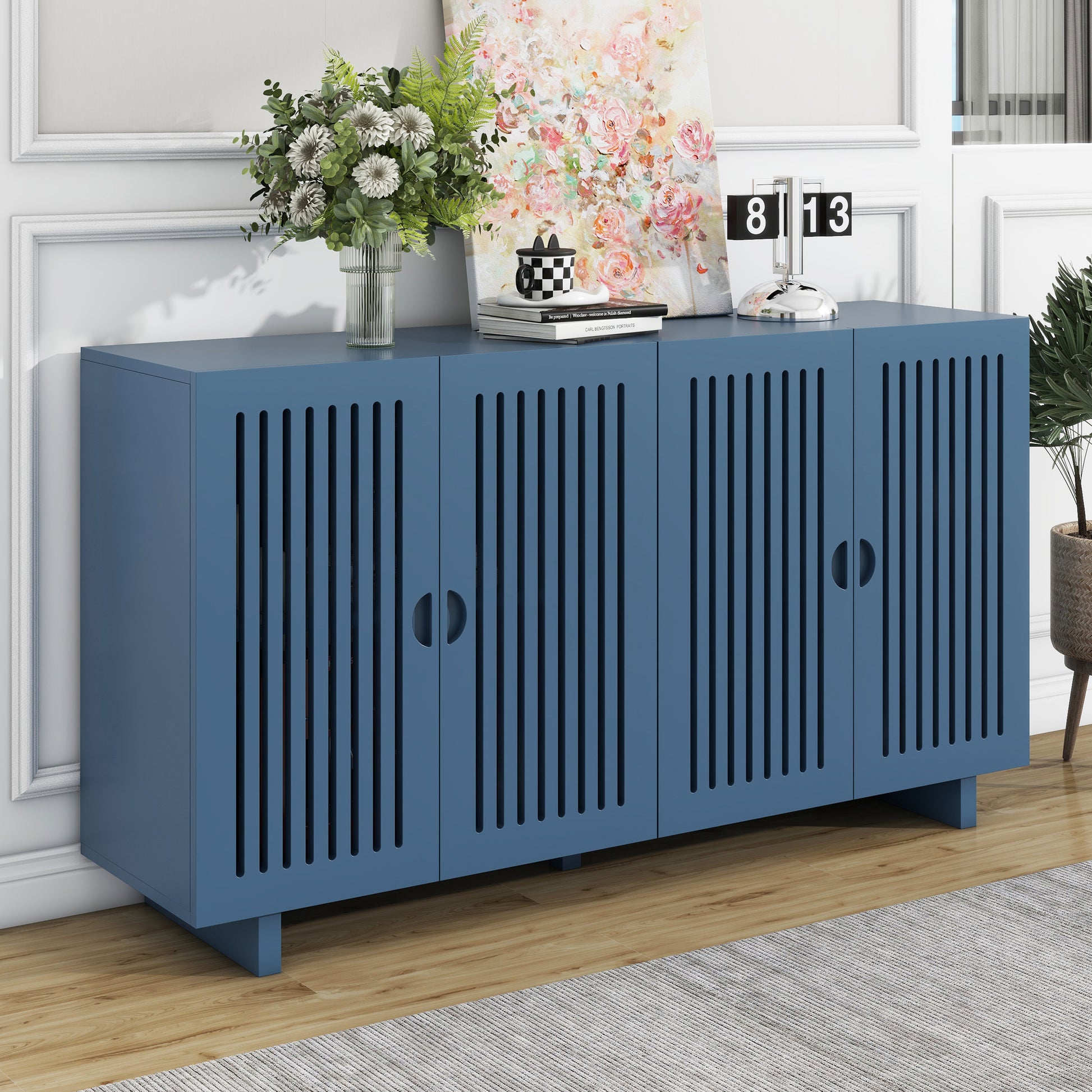 Modern Style Sideboard With Superior Storage Space, Hollow Door Design And 2 Adjustable Shelves For Living Room And Dining Room Navy Blue Navy Blue Dining Room Adjustabel Shelves Mdf