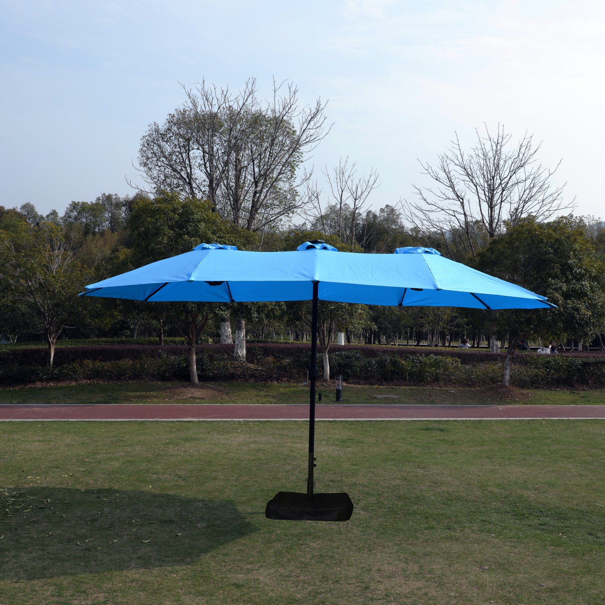 15X9Ft Large Double Sided Rectangular Outdoor Twin Patio Market Umbrella With Light And Base Blue Blue Umbrellas Metal