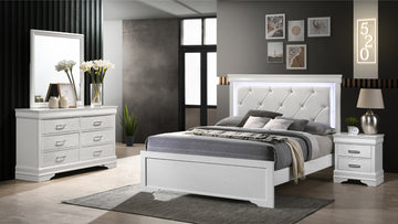 Brooklyn Queen 4 Piece Led Bedroom Set Made With Wood In White Box Spring Required Queen White Wood 4 Piece Set Bedroom Bed Included,Dresser Included,Mirror Included,Nightstand Included Modern Acacia Upholstered Polyester Tufted Wood