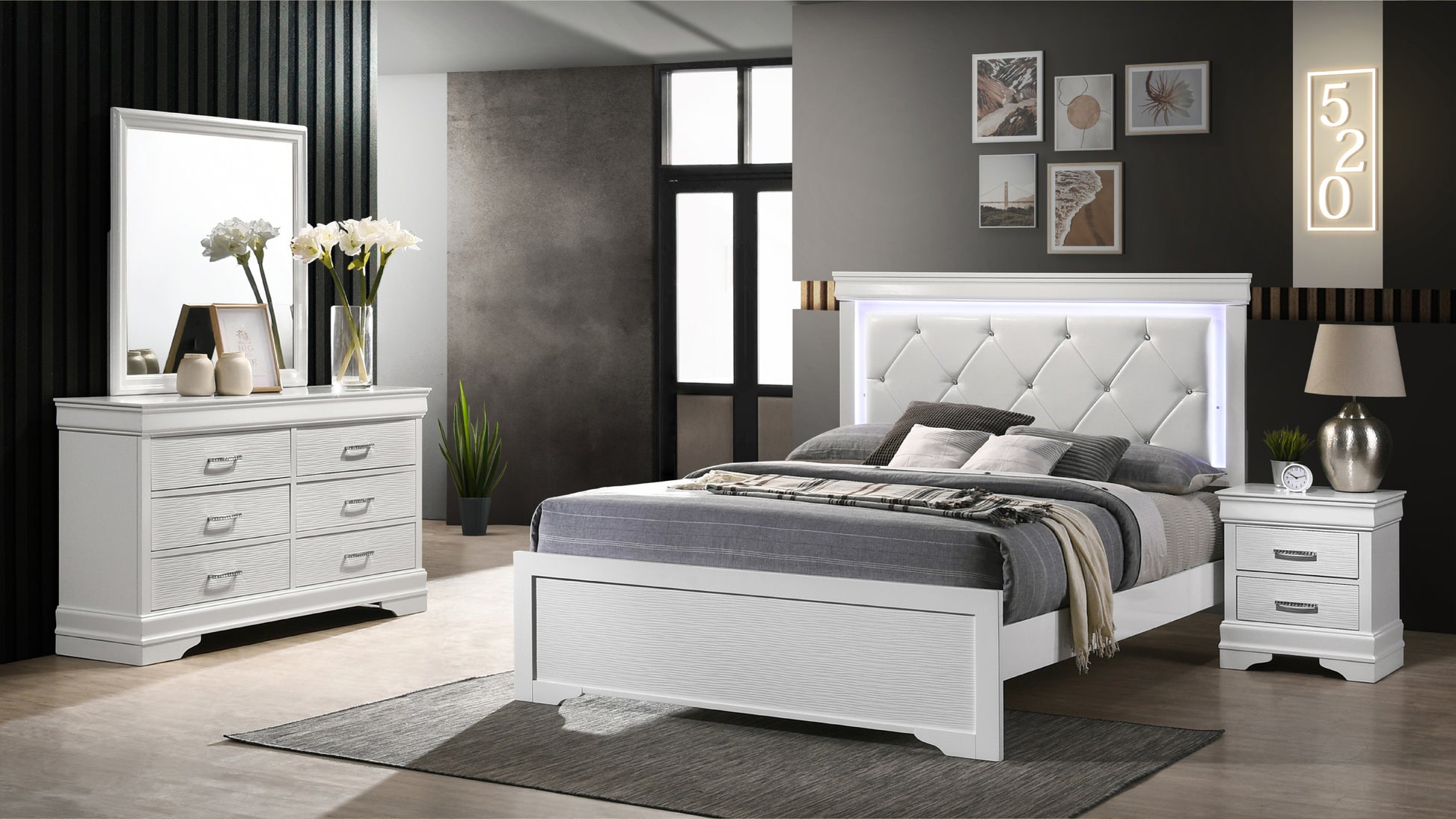 Brooklyn Twin 4 Piece Led Bedroom Set Made With Wood In White Box Spring Required Twin White Wood 4 Piece Set Bedroom Bed Included,Dresser Included,Mirror Included,Nightstand Included Modern Acacia Upholstered Polyester Tufted Wood