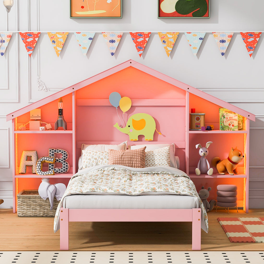 Wood Full Size Platform Bed with House shaped Storage box spring not required-full-pink-bedroom-bed