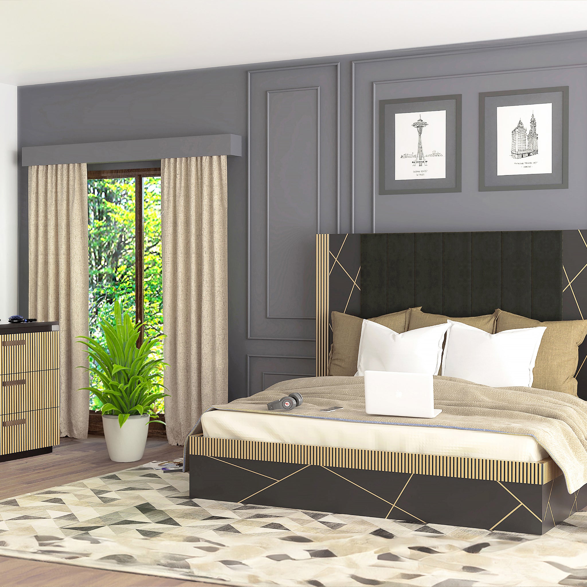 Allure Modern Style 4Pc King Bedroom Set Made With Mango Wood And Finished With Brass Metal Box Spring Not Required King Black Wood 4 Piece Set Bedroom Bed Included,Dresser Included,Mirror Included,Nightstand Included Contemporary,Modern Wood