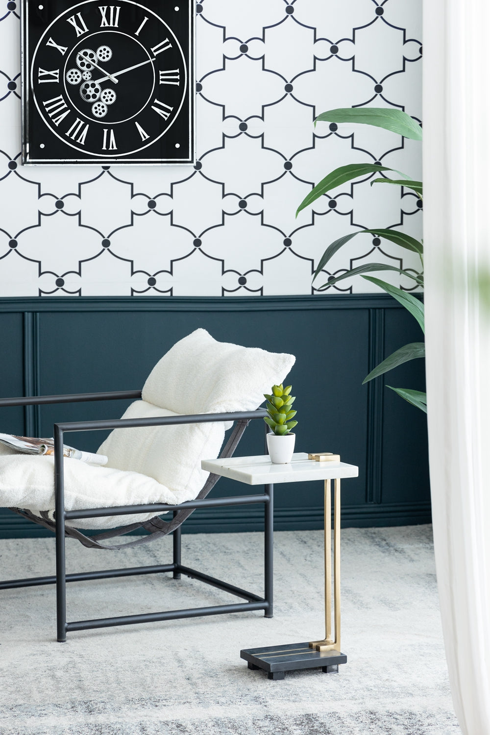 12.5X12X22" Aluminum And Marble C Shaped Side Table, White Gold Black, Artistic Accent Table For Living Room Entryway Bedroom Gold Primary Living Space Art Deco,Luxury,Modern Marble Metal