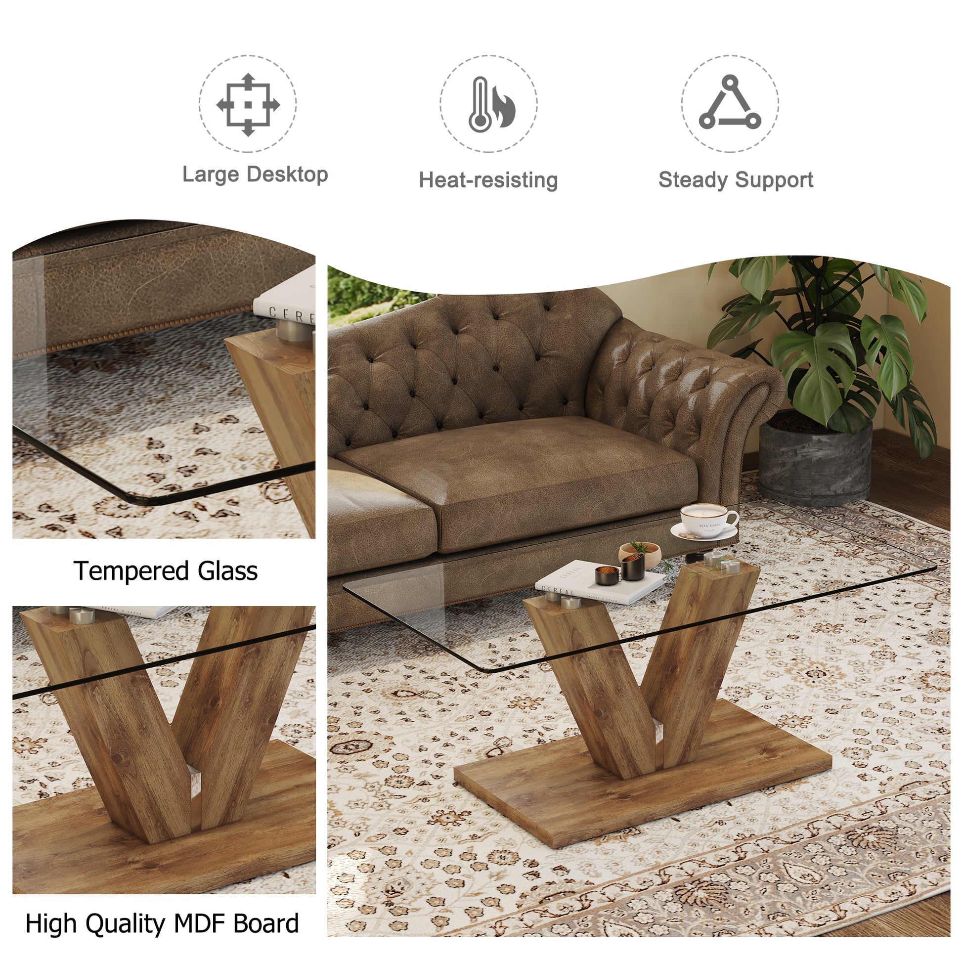 A Modern Minimalist Style Coffee Table. Transparent Tempered Glass Tabletop With Wooden Mdf Columns. Suitable For Living Room And Dining Room. Ct V Transparent Mdf Glass