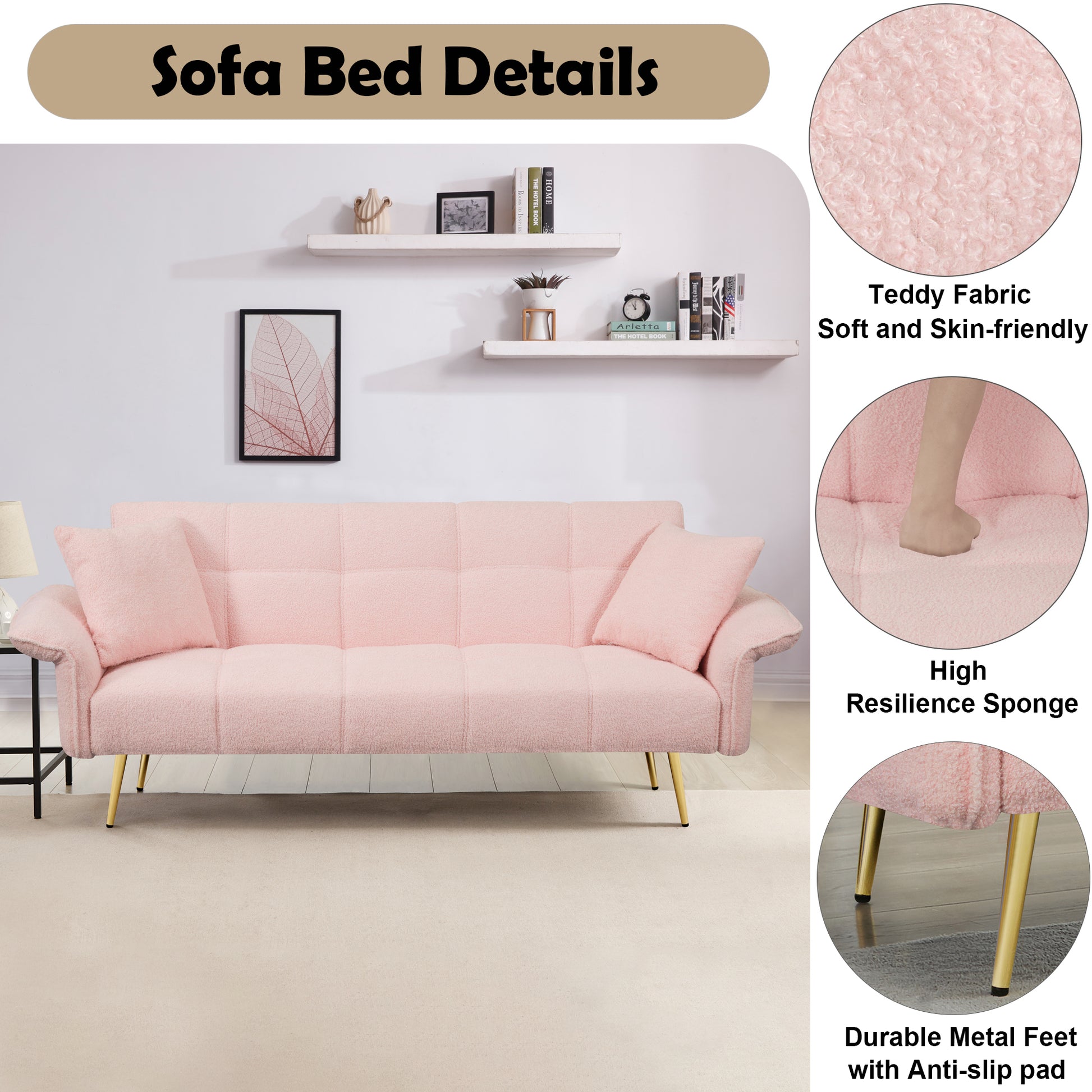 70 Inch Teddy Fleece Sofabed, Convertible Futon Sofabed With Adjustable Arms And Backrest, Modernsofa For Living Room And Bedroom. Pink Light Brown Velvet Wood Primary Living Space Medium Soft Loose Back Contemporary Eucalyptus Foam Foam 2 Seat