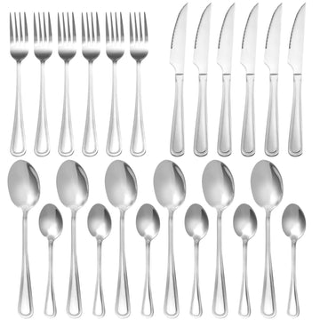 24 Piece Silverware Set, Stainless Steel Flatware Set Service For 6, Tableware Cutlery Set For Home Restaurant Party, Dinner Forks Spoons Knives, Square Edge & Mirror Polished, Dishwasher Safe Silver Dining Room Stainless Steel