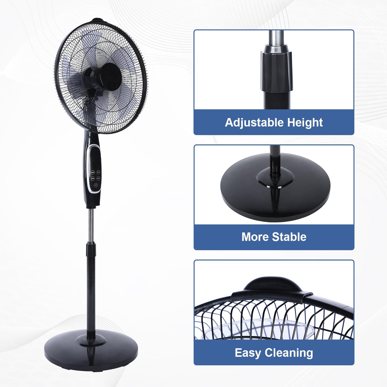 Advanced 16 Inch Stand Fan With Remote Control Adjustable Height, 3 Speeds, 45 Degree Oscillation, And Timer For Personalized Cooling Comfort And Convenience Black Plastic