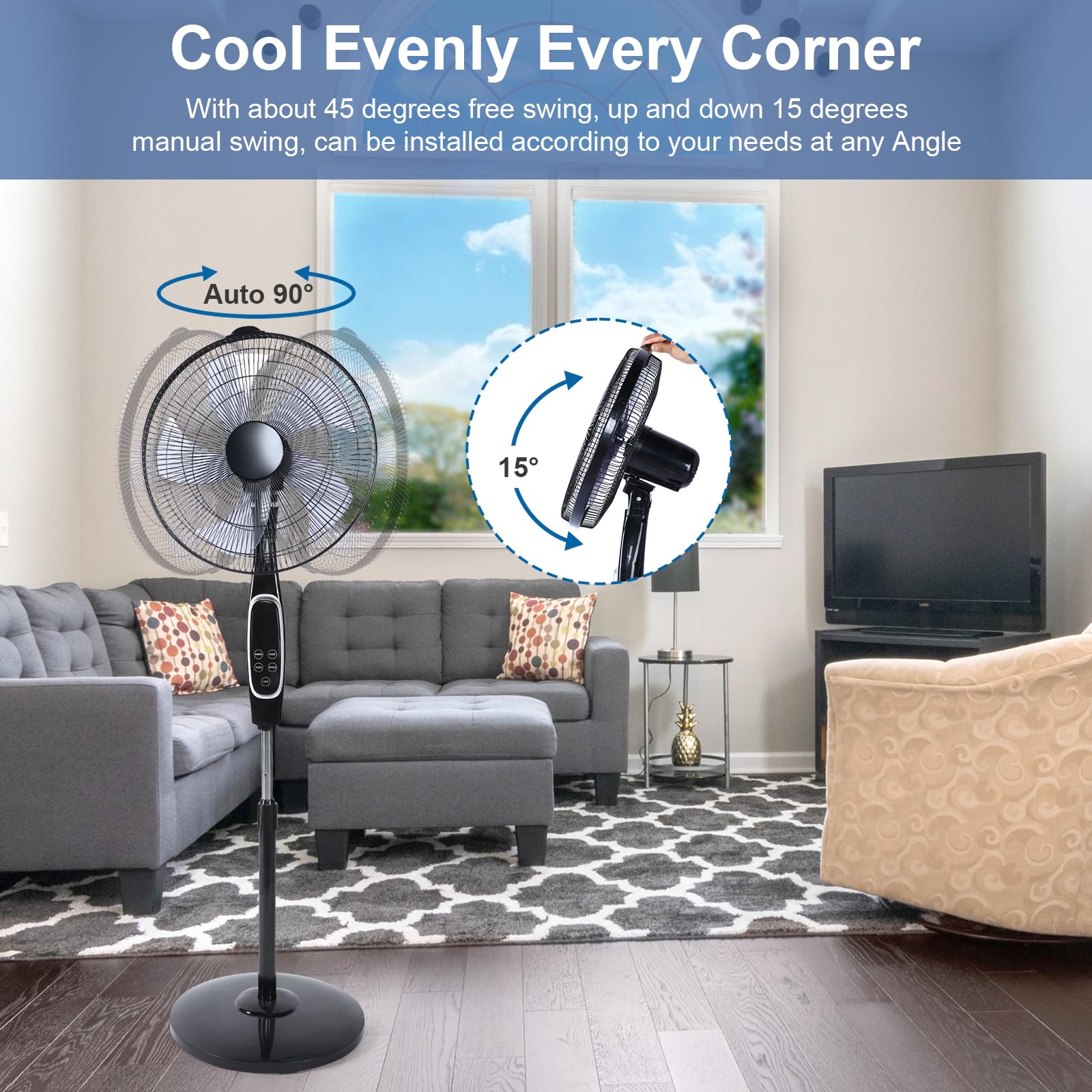 Advanced 16 Inch Stand Fan With Remote Control Adjustable Height, 3 Speeds, 45 Degree Oscillation, And Timer For Personalized Cooling Comfort And Convenience Black Plastic