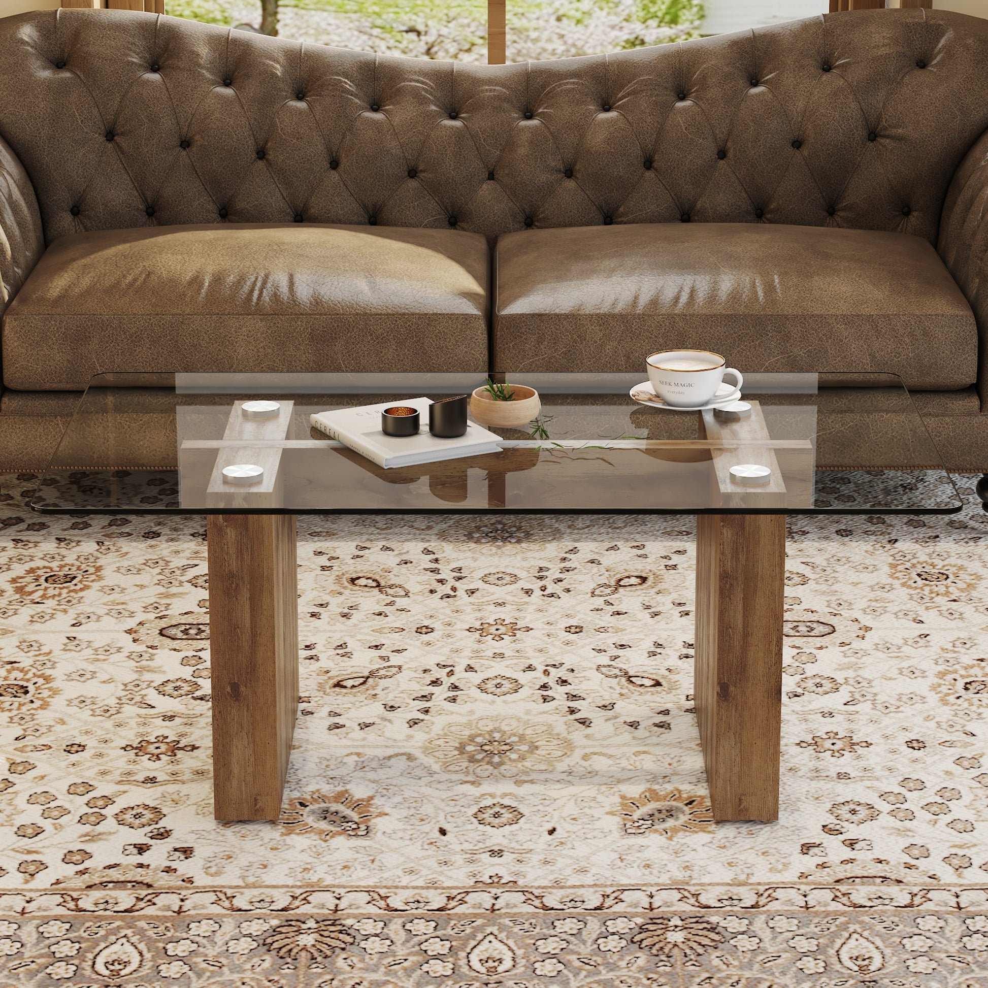 Modern Minimalist Transparent Tempered Glass Coffee Table And Dining Table, Paired With Wooden Mdf Decorative Columns. Computer Desk. Game Table. Ct 1546 Transparent Mdf Glass