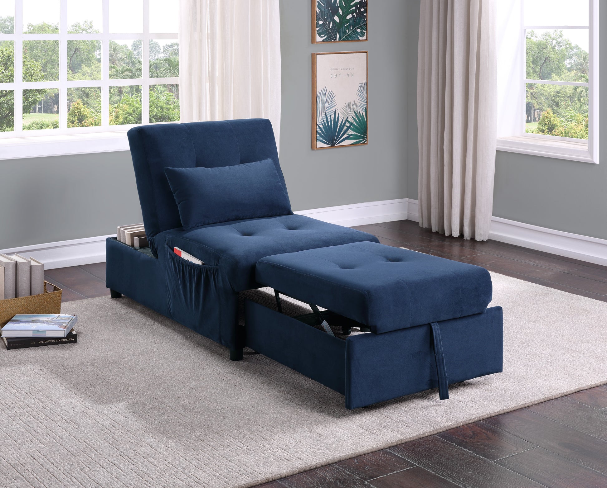 Modern Lift Top Storage Bench With Pull Out Bed 1Pc Dark Blue Velvet Tufted Solid Wood Furniture Dark Blue Velvet Blue Contemporary,Modern Flip Top Solid Wood