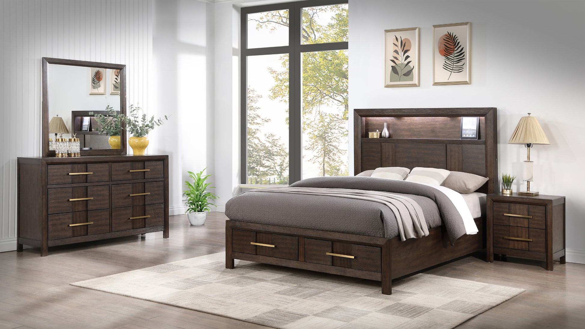 Kenzo Modern Style Queen 4Pc Storage Bedroom Set Made With Wood, Led Headboard, Bluetooth Speakers & Usb Ports Walnut Box Spring Not Required Queen Walnut Wood 4 Piece Set Bedroom Bed Included,Dresser Included,Mirror Included,Nightstand Included